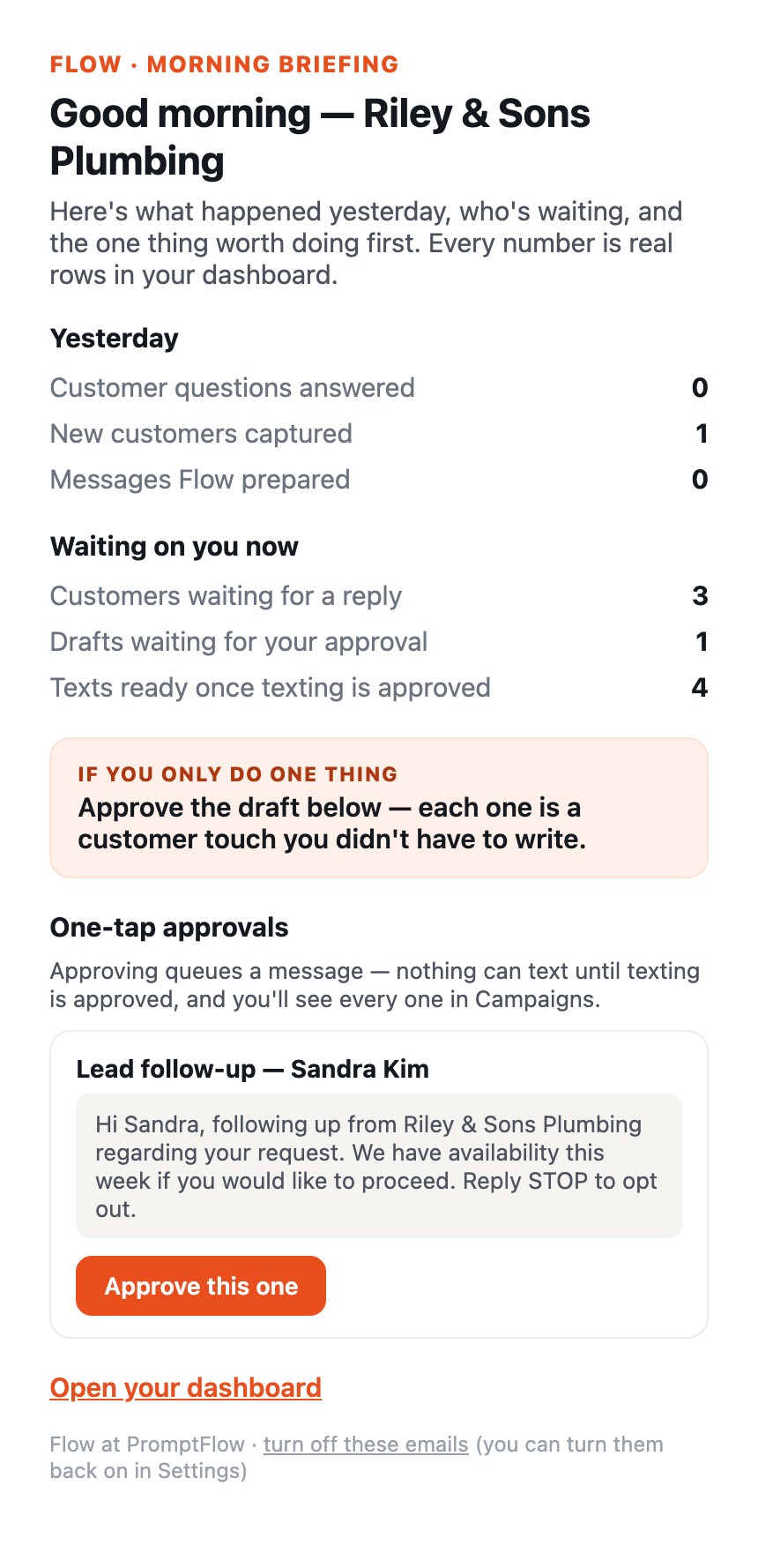 The Flow OS morning briefing email with one-tap approvals