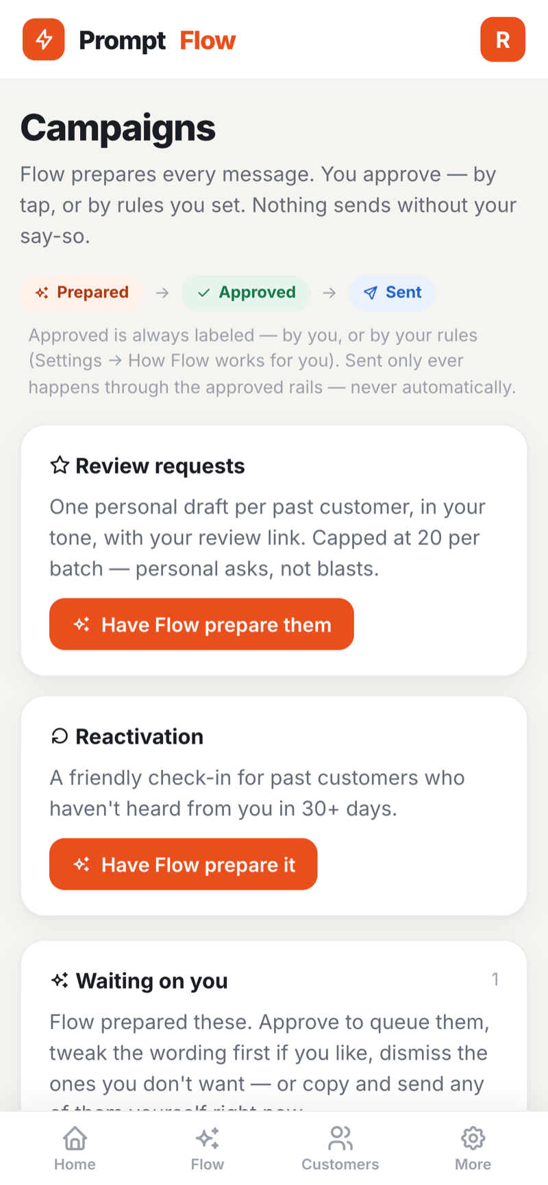 The Flow OS approval queue — Flow drafts, you approve
